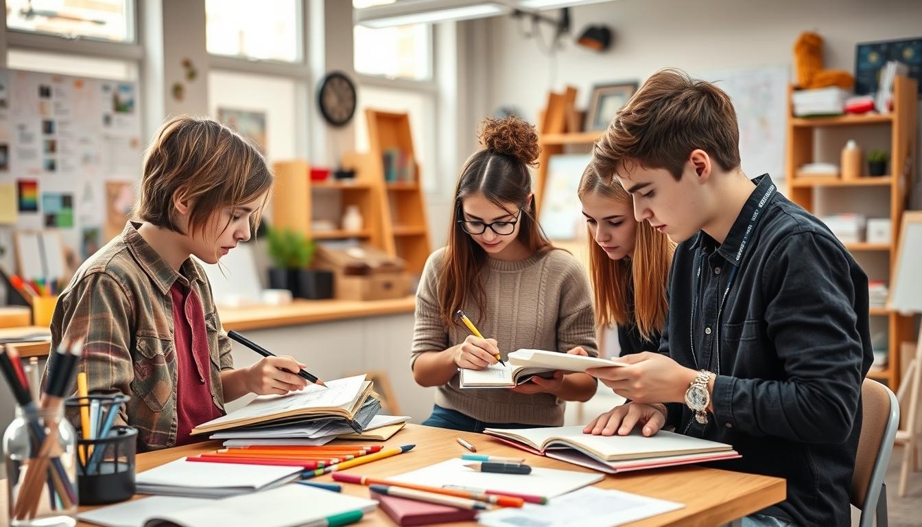 Students studying together in modern classroom